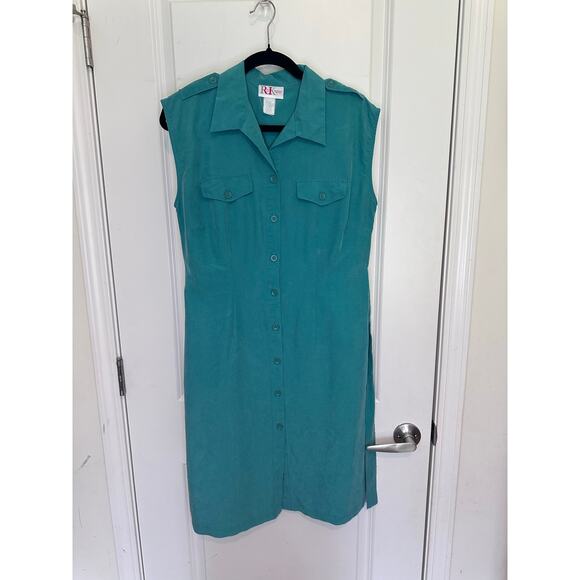 Vintage R&K Originals Women's sz 10P Button Down Shift Dress Turquoise Sash 90s - Picture 7 of 12